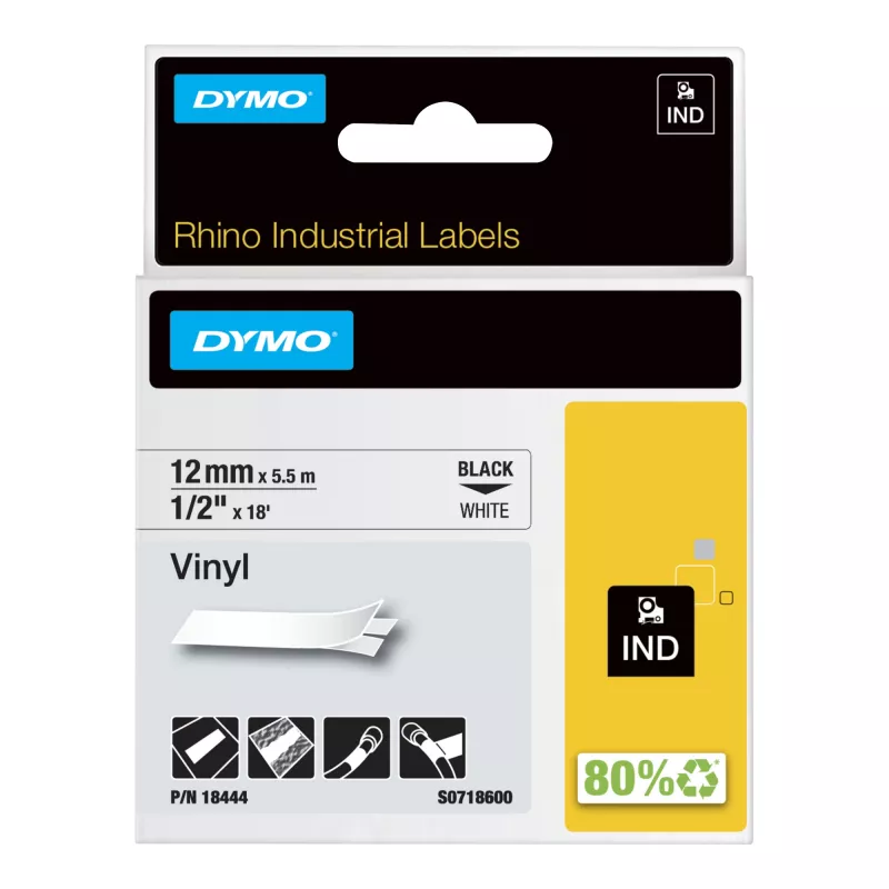 DYMO Rhino tööstuslikud vinüülsildid | 12 mm x 5,5 m | Must trükk valgel | Iseliimuv | Rhino ja LabelManager sildivalmistajatele