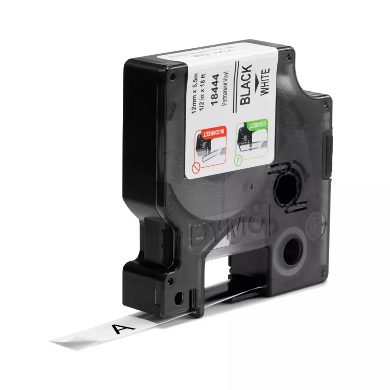 DYMO Rhino tööstuslikud vinüülsildid | 12 mm x 5,5 m | Must trükk valgel | Iseliimuv | Rhino ja LabelManager sildivalmistajatele