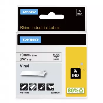 DYMO Rhino tööstuslikud vinüülsildid | 19 mm x 5,5 m | Must trükk valgel | Isekleepuv | Rhino ja LabelManager sildivalmistajatele