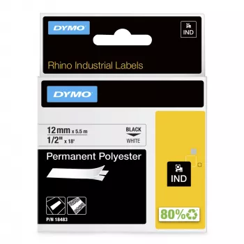 DYMO Rhino tööstuslikud püsipolüestri sildid | 12 mm x 5,5 m | Must trükk valgel | Iseliimuv | Rhino ja LabelManager sildimasinatele