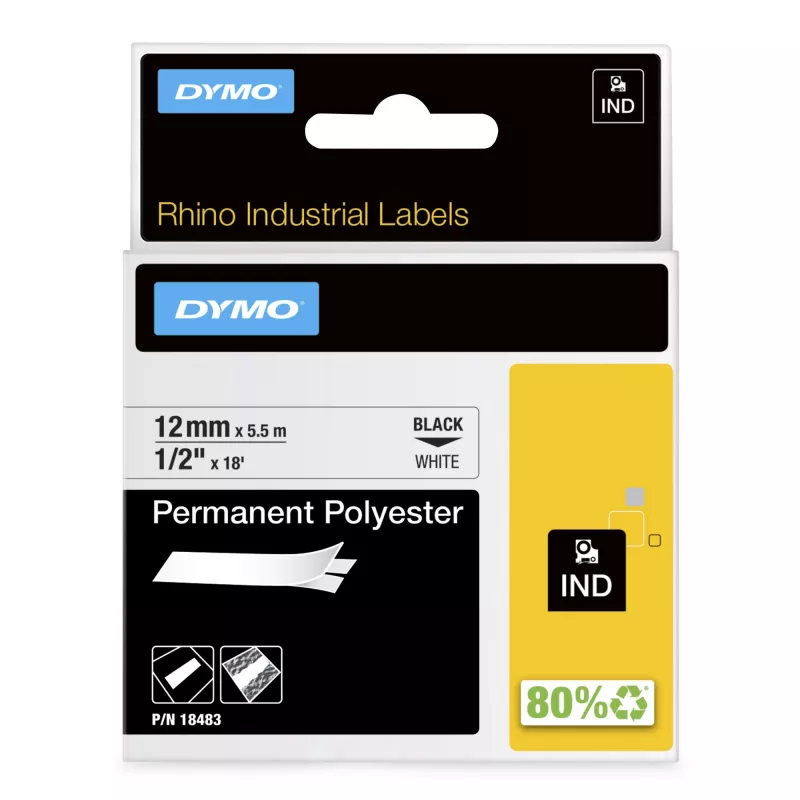 DYMO Rhino tööstuslikud püsipolüestri sildid | 12 mm x 5,5 m | Must trükk valgel | Iseliimuv | Rhino ja LabelManager sildimasinatele