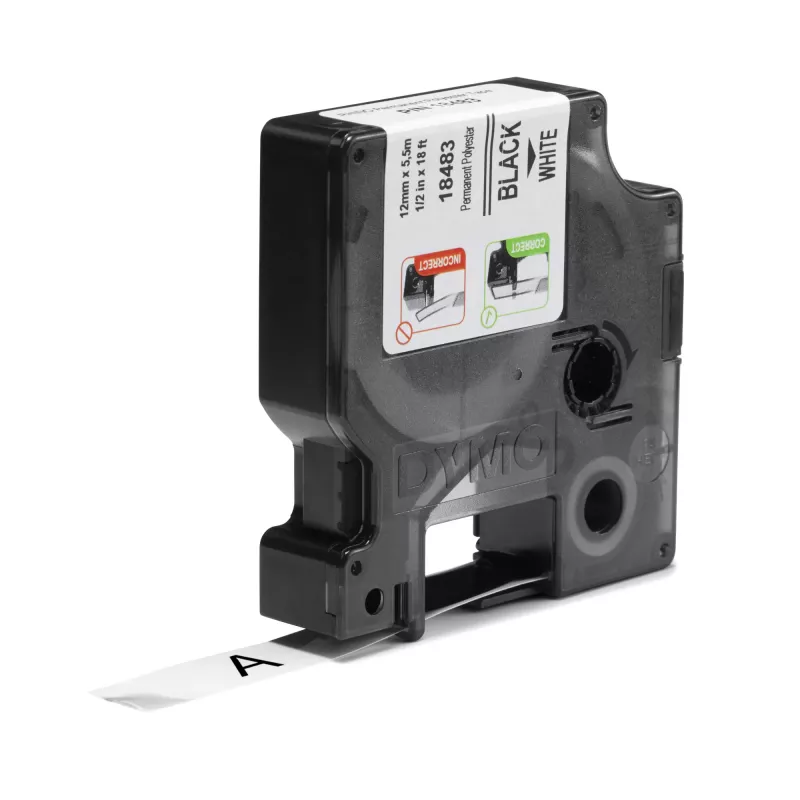 DYMO Rhino tööstuslikud püsipolüestri sildid | 12 mm x 5,5 m | Must trükk valgel | Iseliimuv | Rhino ja LabelManager sildimasinatele