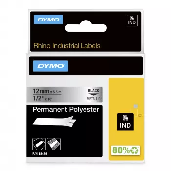 DYMO Rhino tööstuslikud püsivad polüestersildid | 12 mm x 5,5 m | Must trükk metallikul | Rhino ja LabelManager silditegijatele