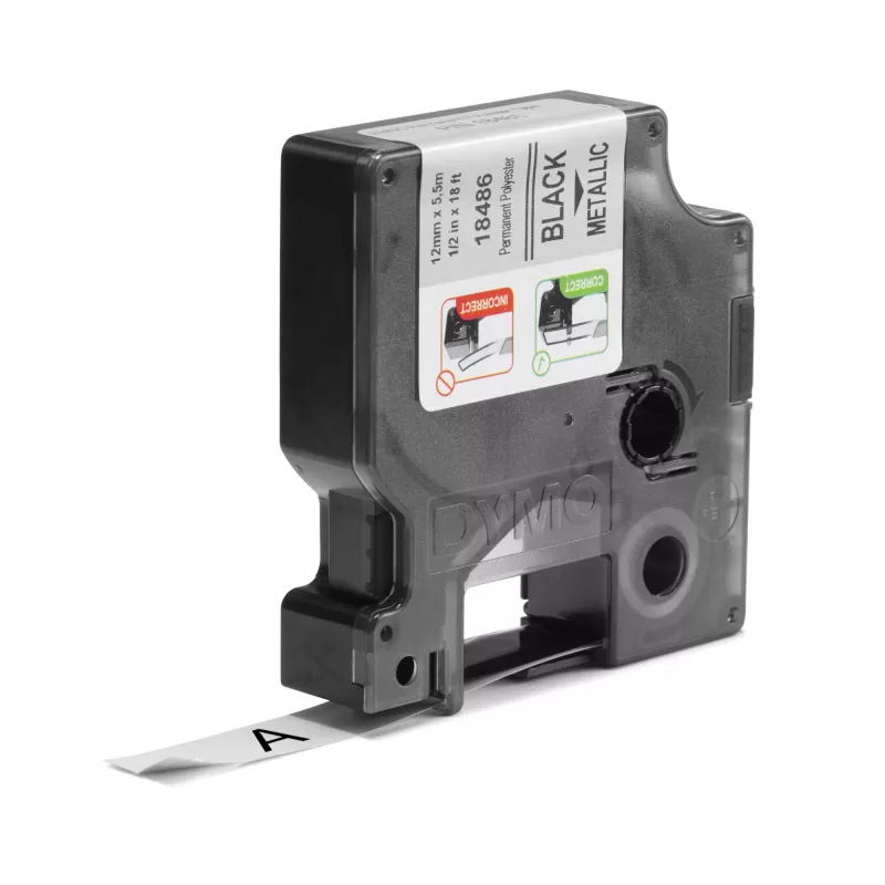 DYMO Rhino tööstuslikud püsivad polüestersildid | 12 mm x 5,5 m | Must trükk metallikul | Rhino ja LabelManager silditegijatele