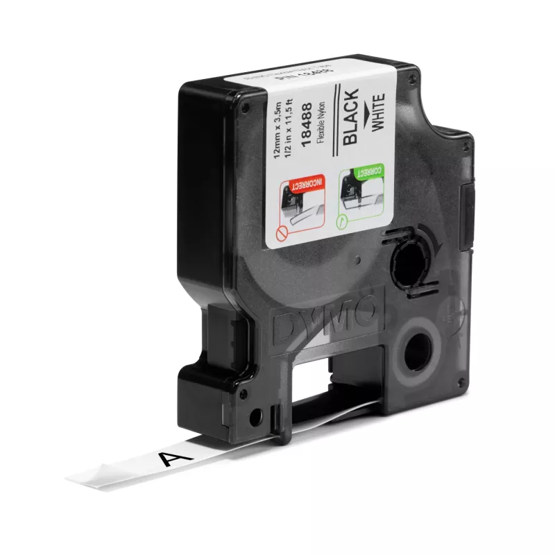 DYMO Rhino tööstuslikud painduvad nailonsildid | 12 mm x 3,5 m | Must trükis valgel | Isekleepuv | Rhino ja LabelManager sildimasinatele