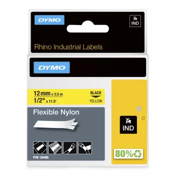 DYMO Rhino tööstuslikud painduvad nailonsildid | 12 mm x 3,5 m | must trükk kollasel | isekleepuv | Rhino ja LabelManager siltide valmistajatele