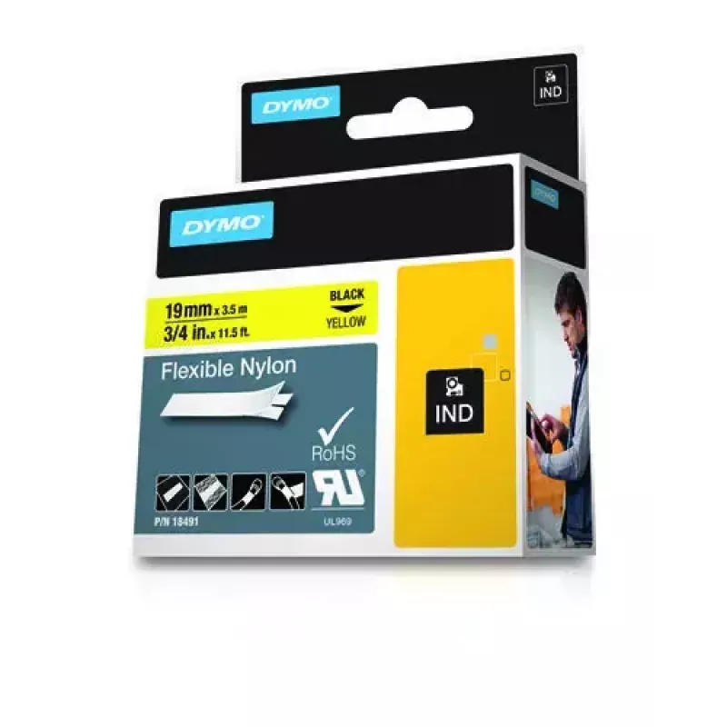 DYMO Rhino Industrial paindlikud nailonkleebised | 19 mm x 3,5 m | must trükk kollasel | isekleepuv | Rhino ja LabelManager sildivalmistajatele