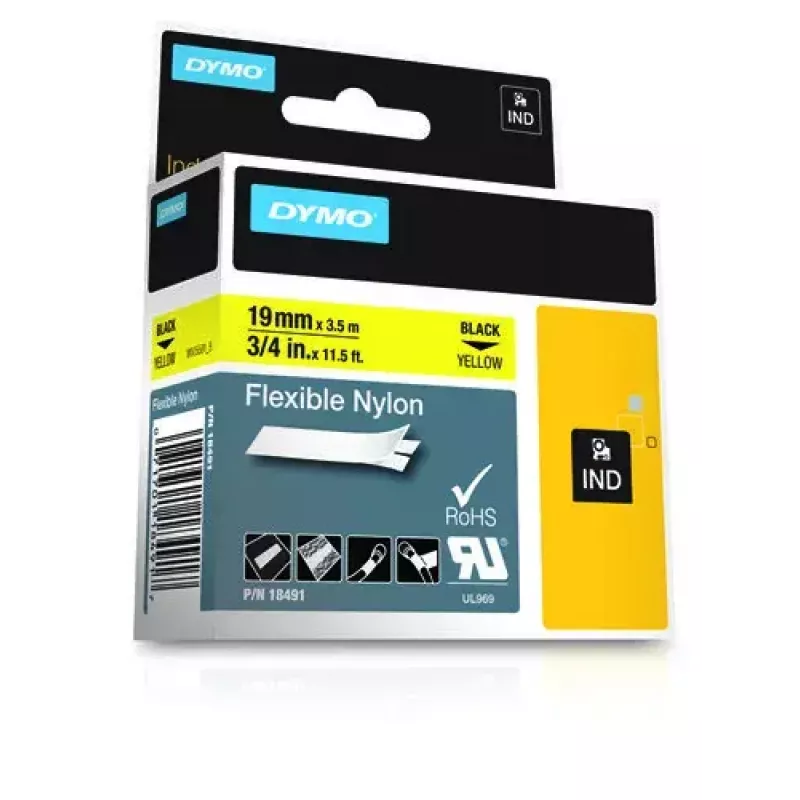 DYMO Rhino Industrial paindlikud nailonkleebised | 19 mm x 3,5 m | must trükk kollasel | isekleepuv | Rhino ja LabelManager sildivalmistajatele