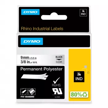 DYMO Rhino Industrial püsivad polüestersildid | 9 mm x 5,5 m | Must trükk läbipaistval | Isekleepuv | LabelManager & Rhino sildivalmistajatele