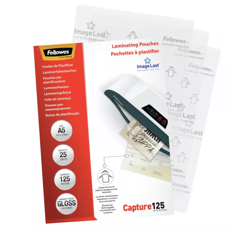 Fellowes ImageLast A5 125 Mikronit lamineerimiskott – 25 tk pakend, läikiv, läbipaistev, A5, 0,125 mm, 218 mm, 1 mm