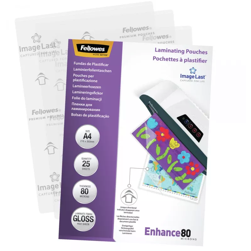 Fellowes ImageLast A4 80 Micron Lamineerimiskiletasku - 25 tk pakend, Läikiv, Läbipaistev, A4, 0,08 mm, 210 mm, 1 mm