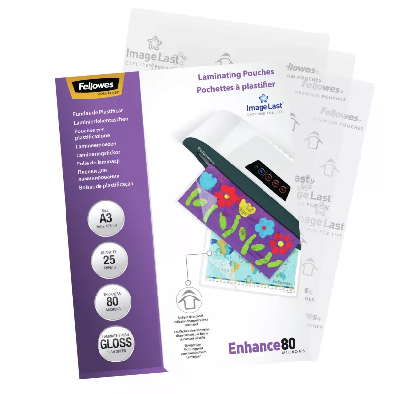 Fellowes ImageLast A3 80 Micron Lamineerimistasku - 25 tk pakendis, Läikiv, Läbipaistev, A3, 0,08 mm, 430 mm, 1 mm