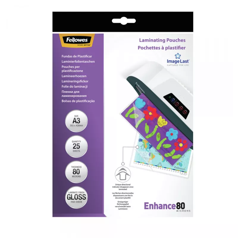 Fellowes ImageLast A3 80 Micron Lamineerimistasku - 25 tk pakendis, Läikiv, Läbipaistev, A3, 0,08 mm, 430 mm, 1 mm