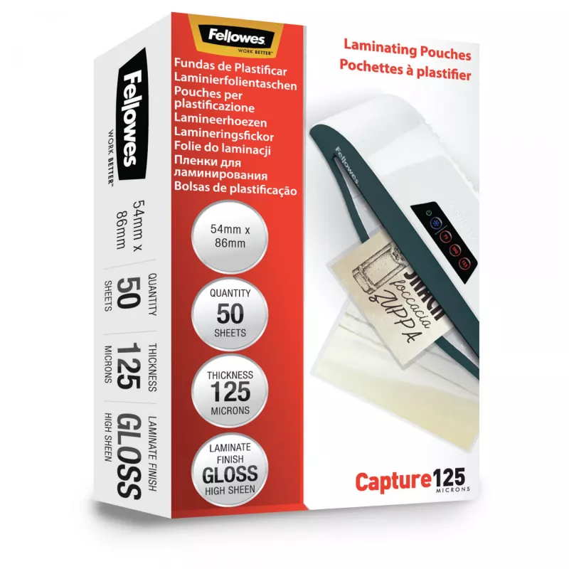 Fellowes Glossy 125 Micron Card Laminating Pouch - 54x86mm, läikiv, läbipaistev, 0,125 mm, 86 mm, 1 mm, 54 mm