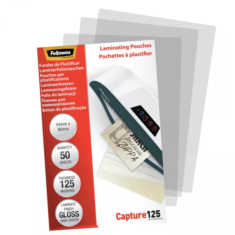 Fellowes Glossy 125 Micron Card Laminating Pouch - 54x86mm, läikiv, läbipaistev, 0,125 mm, 86 mm, 1 mm, 54 mm