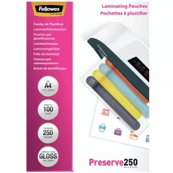 Fellowes A4 läikiv 250-mikronine lamineerimistasku – 100 tk pakend, läikiv, läbipaistev, A4, 0,25 mm, 210 mm, 1 mm