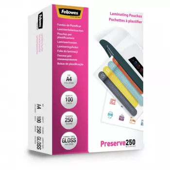Fellowes A4 läikiv 250-mikronine lamineerimistasku – 100 tk pakend, läikiv, läbipaistev, A4, 0,25 mm, 210 mm, 1 mm