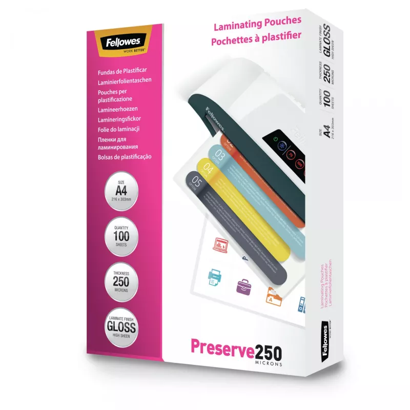 Fellowes A4 läikiv 250-mikronine lamineerimistasku – 100 tk pakend, läikiv, läbipaistev, A4, 0,25 mm, 210 mm, 1 mm