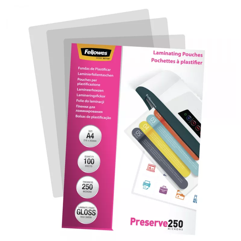 Fellowes A4 läikiv 250-mikronine lamineerimistasku – 100 tk pakend, läikiv, läbipaistev, A4, 0,25 mm, 210 mm, 1 mm