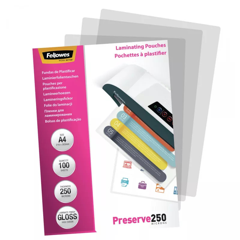 Fellowes A4 läikiv 250-mikronine lamineerimistasku – 100 tk pakend, läikiv, läbipaistev, A4, 0,25 mm, 210 mm, 1 mm