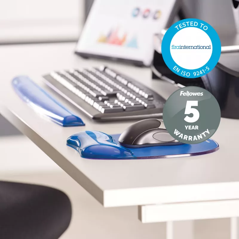 Fellowes'i hiiremati randmetugi - Crystals geelhiirematt libisemiskindla kummialusega - ergonoomiline hiirematt arvutile, sülearvutile, kodukontorisse - ühildub laser- ja optiliste hiirtega - sinine