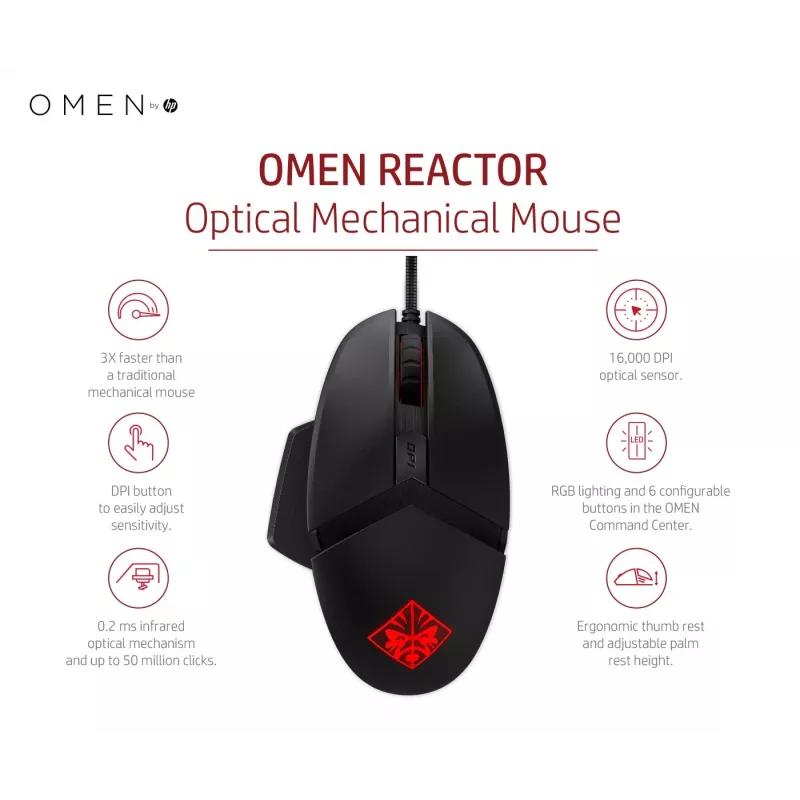 HP OMEN by Reactor hiir, paremakäeline, optiline, USB-tüüp-A, 16000 DPI, 0,2 ms, must