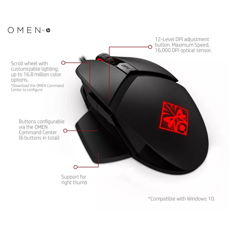 HP OMEN by Reactor hiir, paremakäeline, optiline, USB-tüüp-A, 16000 DPI, 0,2 ms, must