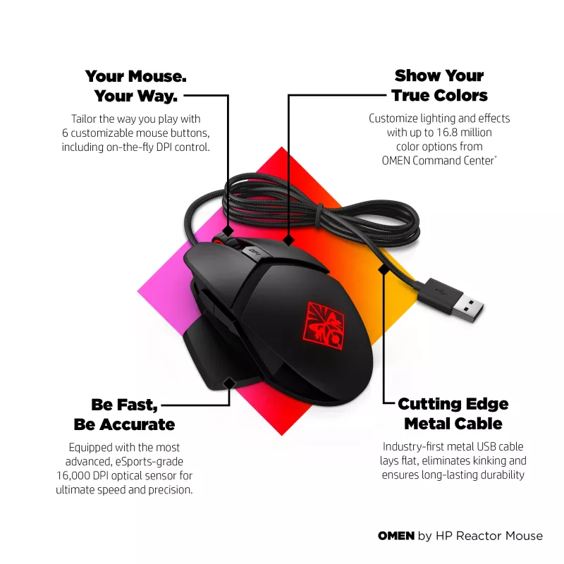 HP OMEN by Reactor hiir, paremakäeline, optiline, USB-tüüp-A, 16000 DPI, 0,2 ms, must