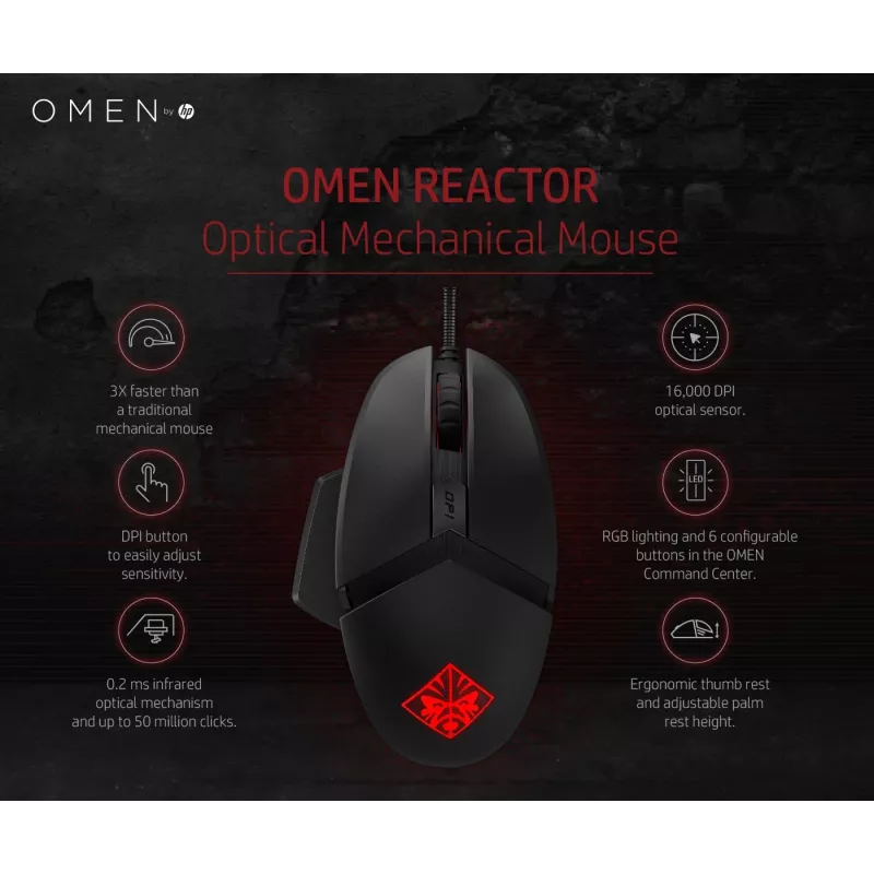 HP OMEN by Reactor hiir, paremakäeline, optiline, USB-tüüp-A, 16000 DPI, 0,2 ms, must