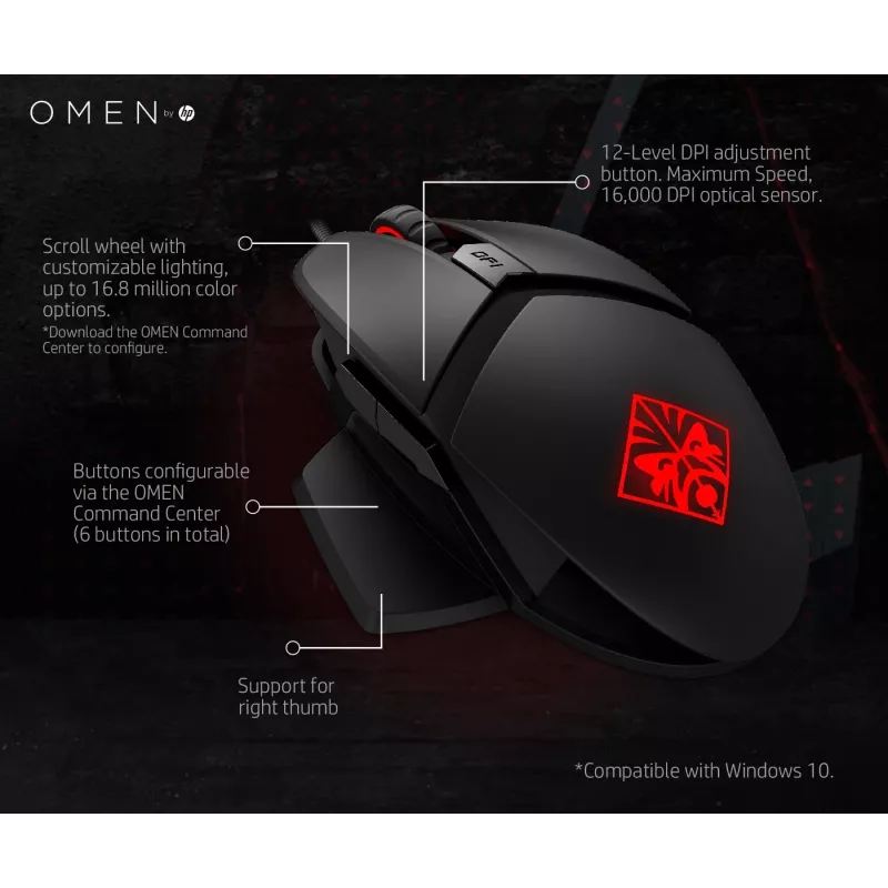HP OMEN by Reactor hiir, paremakäeline, optiline, USB-tüüp-A, 16000 DPI, 0,2 ms, must