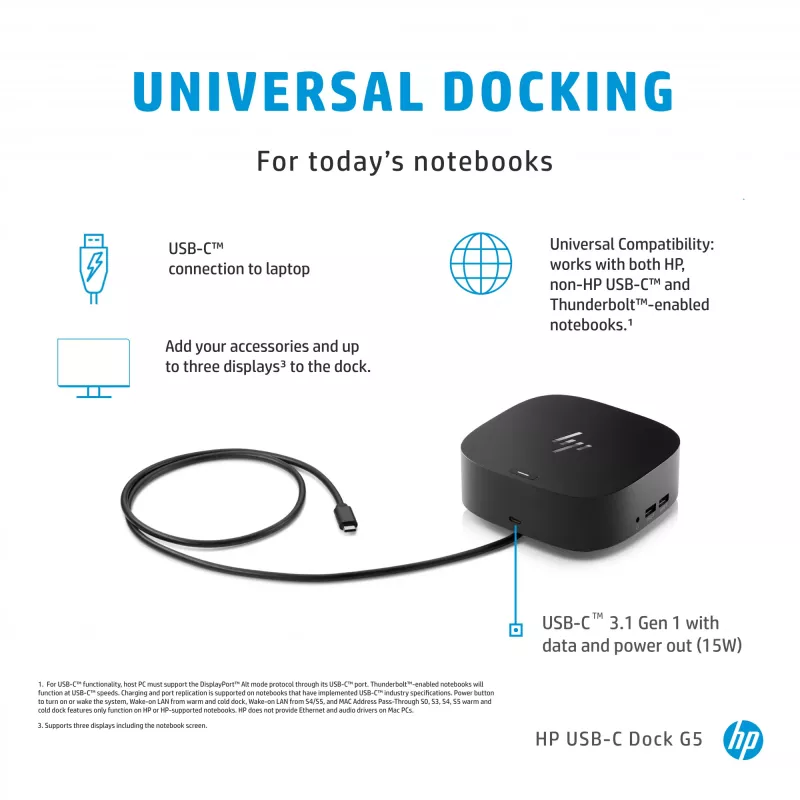 HP USB-C Dock G5, Juhtmega, USB 3.2 Gen 1 (3.1 Gen 1) USB-C, Must, Must, Hiina, Tai, Mehhiko, HP