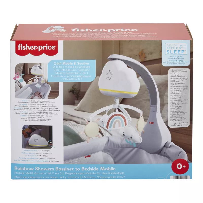 Fisher-Price Rainbow Showers võrevoodi ja voodiääremobiil, hälli, heliga, öötuli, sisseehitatud taimer, kangas, plast