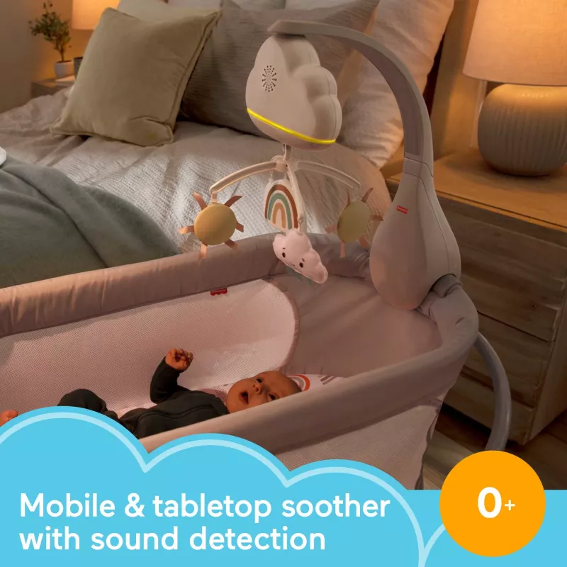 Fisher-Price Rainbow Showers võrevoodi ja voodiääremobiil, hälli, heliga, öötuli, sisseehitatud taimer, kangas, plast