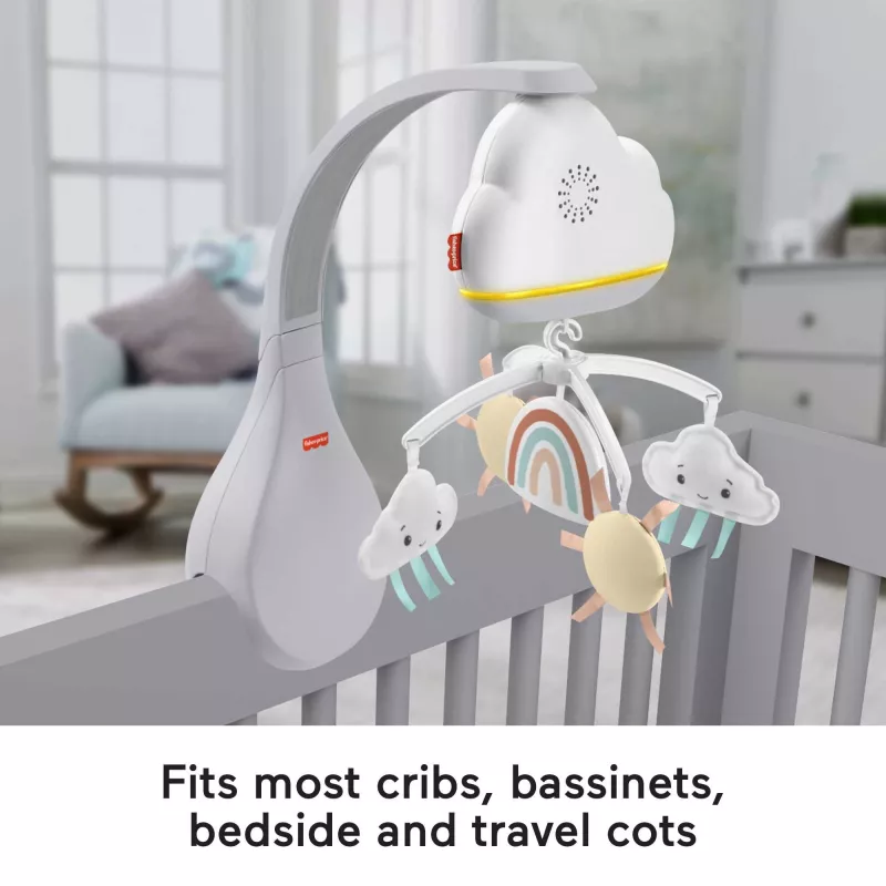 Fisher-Price Rainbow Showers võrevoodi ja voodiääremobiil, hälli, heliga, öötuli, sisseehitatud taimer, kangas, plast