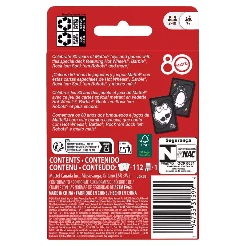 Games UNO Mattel 80. Ruby punane kaardimäng lastele ja pereõhtuteks