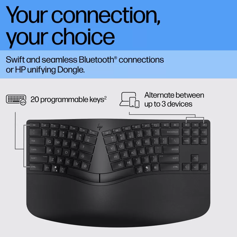 HP 965 Ergonomic traadita klaviatuur, täissuuruses (100%), traadita, RF traadita + Bluetooth, membraan, must