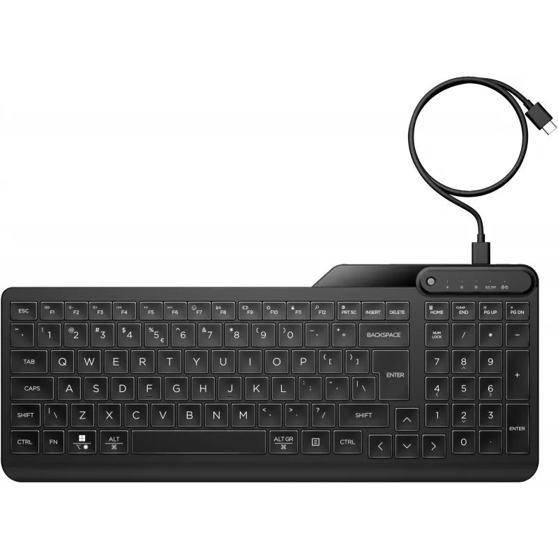 HP 405 mitme seadme jaoks taustvalgustusega juhtmega klaviatuur, täissuuruses (100%), juhtmega, USB, membraan, must