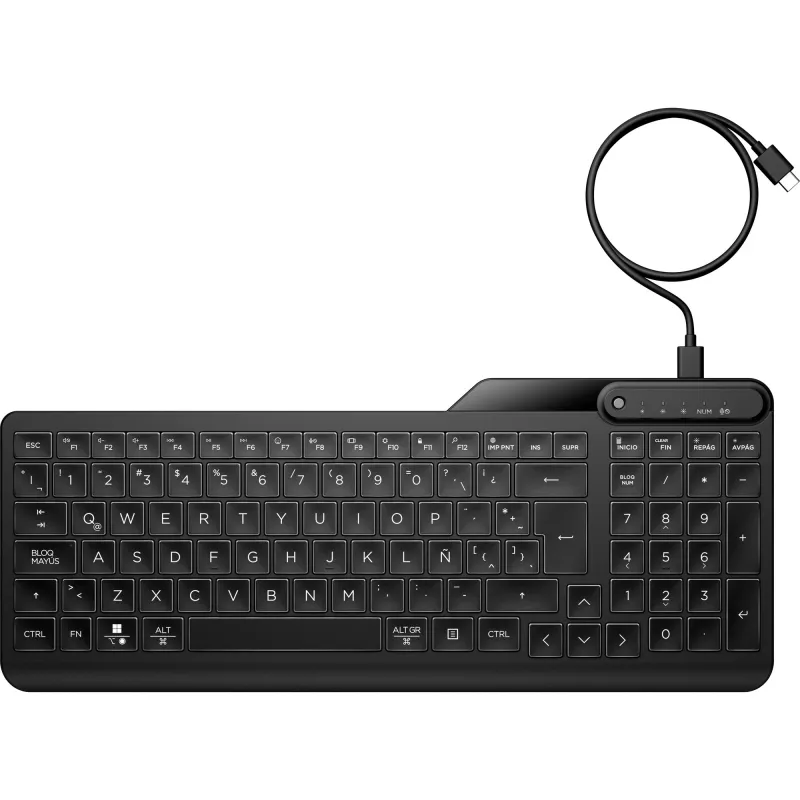HP 405 mitme seadme jaoks taustvalgustusega juhtmega klaviatuur, täissuuruses (100%), juhtmega, USB, membraan, must