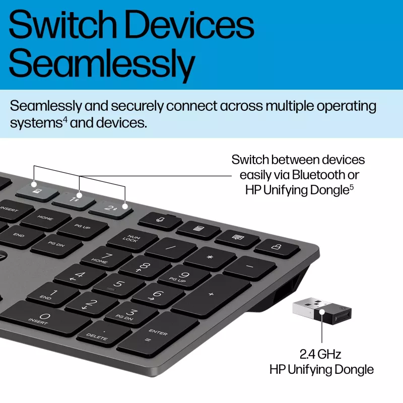 HP 720 mitme seadme taaslaetav juhtmevaba klaviatuur, täissuuruses (100%), juhtmevaba, USB + Bluetooth, mehaaniline, QWERTY, must