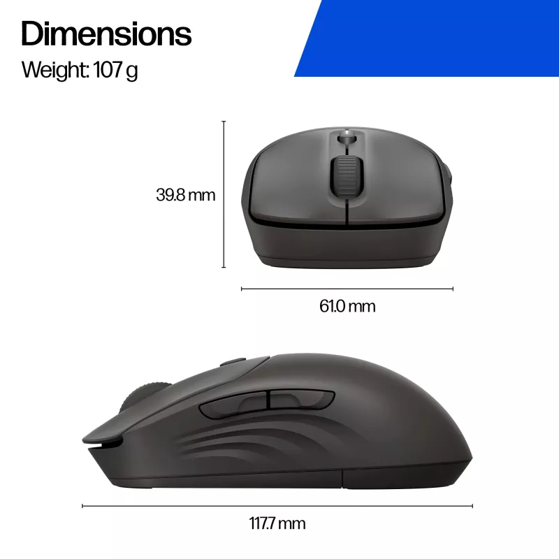 Juhtmevaba hiir HP 405 Quiet — mõlemakäeline, optiline 1200 DPI, RF Wireless + Bluetooth, 5 nuppu, patareitoide, must