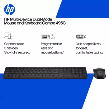 Klaviatuuri ja hiire komplekt HP 495C — täissuuruses juhtmevaba klaviatuur, mitme seadmega hiir, USB/RF/Bluetooth, must