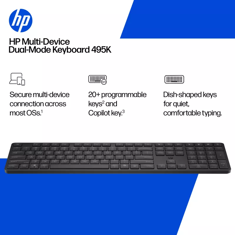 HP 495K mitme seadmega kaherežiimiline klaviatuur, täissuuruses (100%), juhtmevaba, USB + Bluetooth, must
