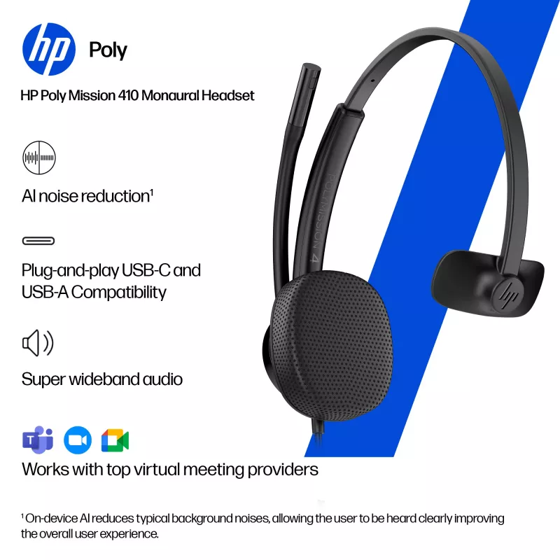 HP Poly Mission 415 Monaural USB Wired Headset (Bulk), 99 g, Must