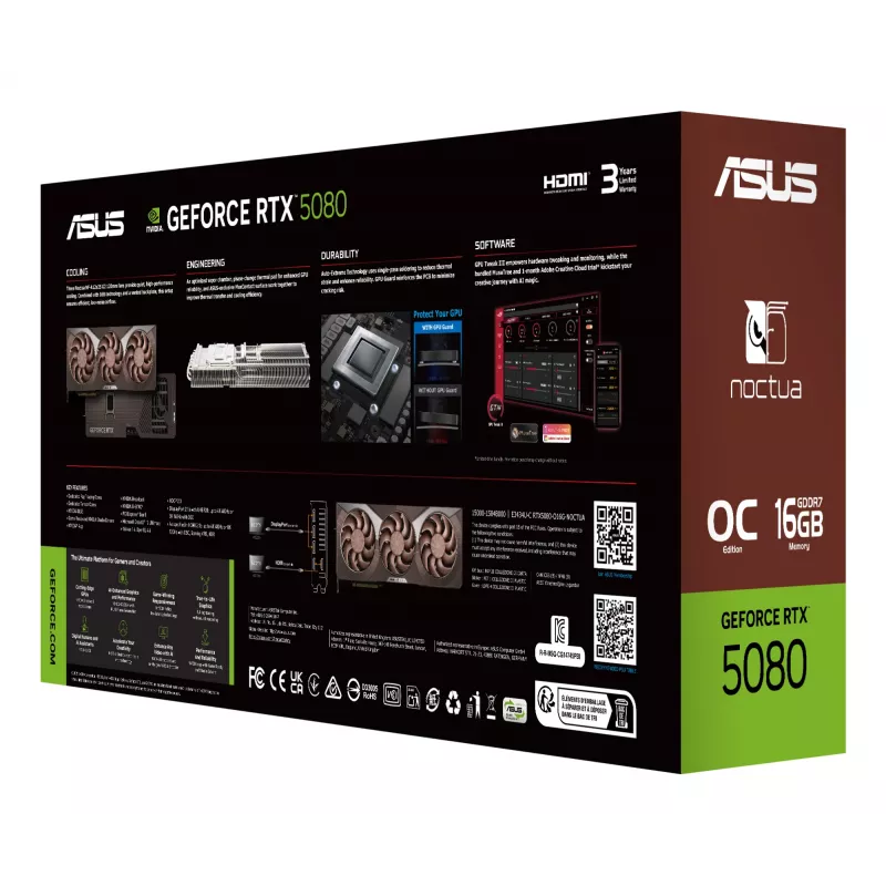 Videokaart ASUS GeForce RTX 5080 16 GB GDDR7, PCIe 5.0, 256-bit, 385×80×151 mm, 3 ventilaatorit, 16-pin toide