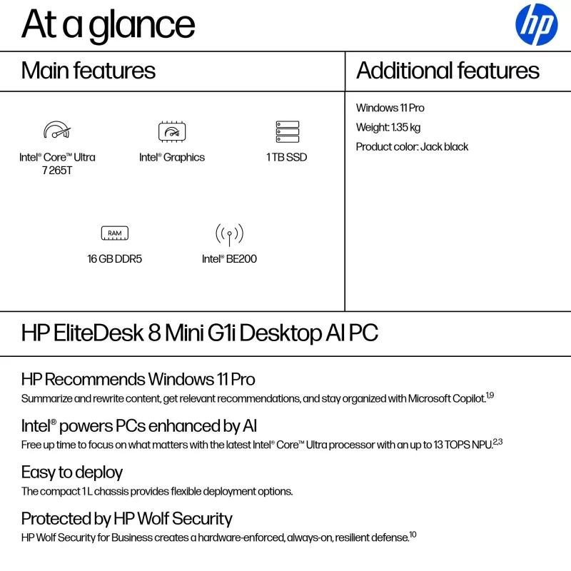 Mini-arvuti HP EliteDesk 8 Mini G1i AI — Intel Core Ultra 7 265T, 16 GB DDR5, 1 TB SSD, Windows 11 Pro, must