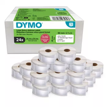 Dymo 2223589 sildirullid — valged paberist sildid 5,4 × 2,5 cm, 500 silti/rull, 12000 silti/pakk, FSC