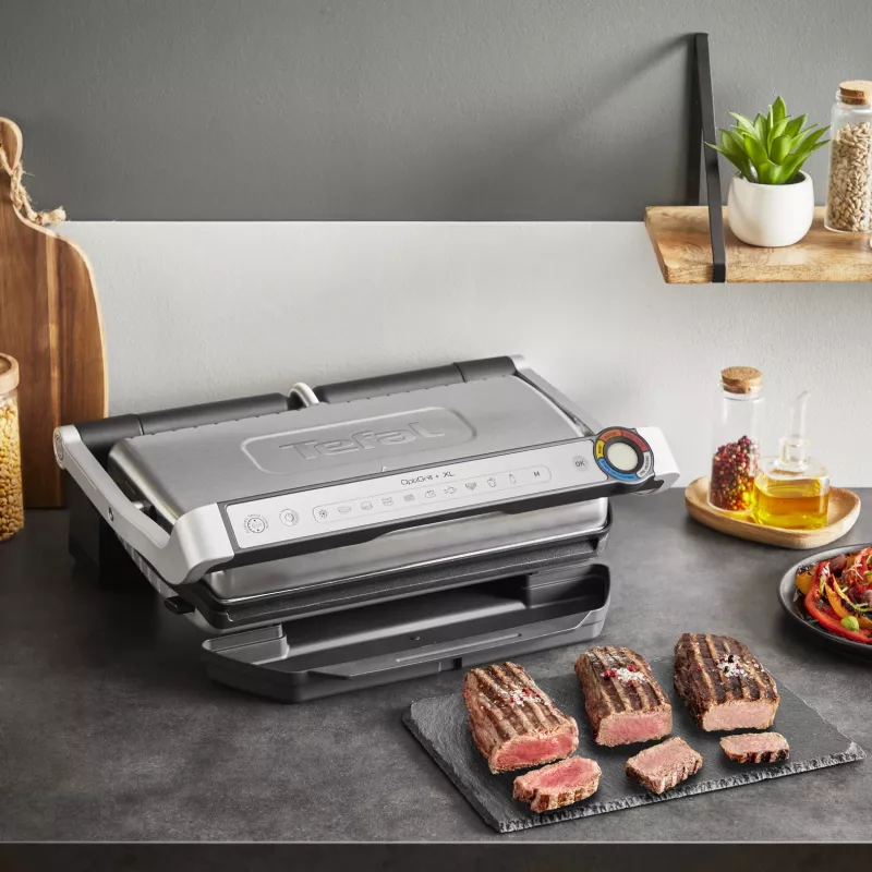 Kontaktgrill Tefal Optigrill+ XL GC727D10 — 2000 W, ristkülikukujuline metallkorpus, 445×365×175 mm