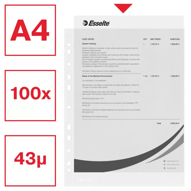 Esselte plastik Pockets A4 – Economy –, 210 x 297 mm (A4), Läbipaistev, Polüpropüleen (PP), Portree, Ülevalt, 230 mm