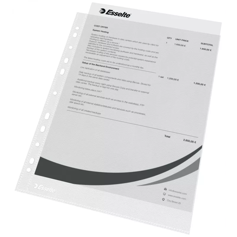 Esselte plastik Pockets A4 – Economy –, 210 x 297 mm (A4), Läbipaistev, Polüpropüleen (PP), Portree, Ülevalt, 230 mm
