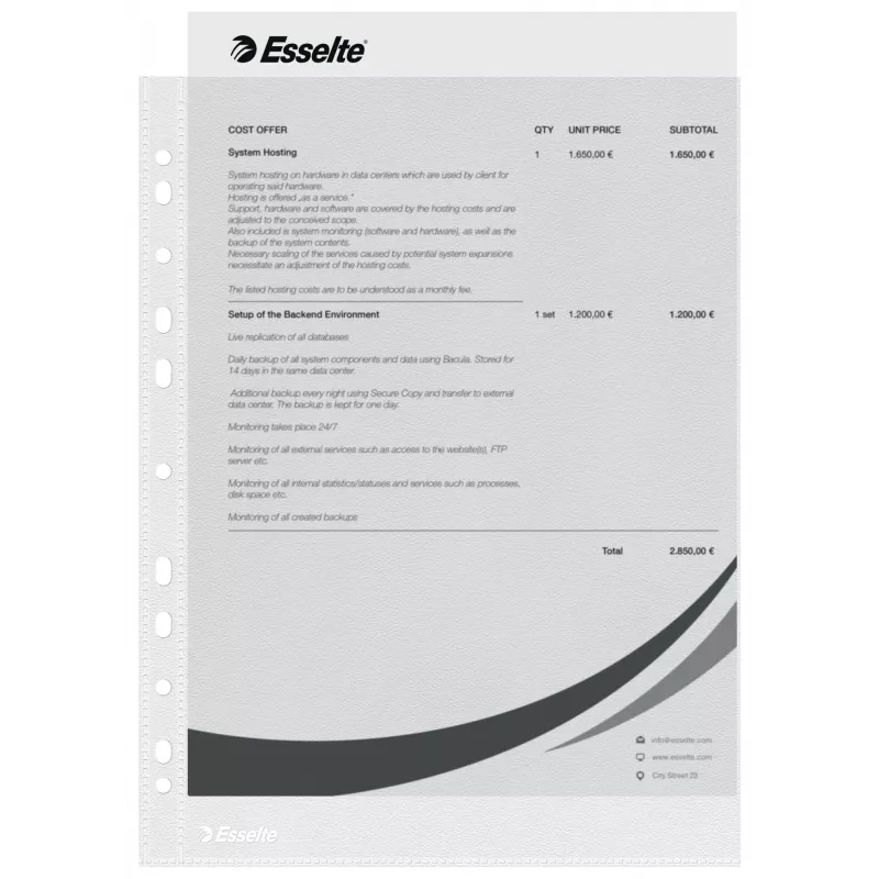 Esselte plastik Pockets A4 – Economy –, 210 x 297 mm (A4), Läbipaistev, Polüpropüleen (PP), Portree, Ülevalt, 230 mm